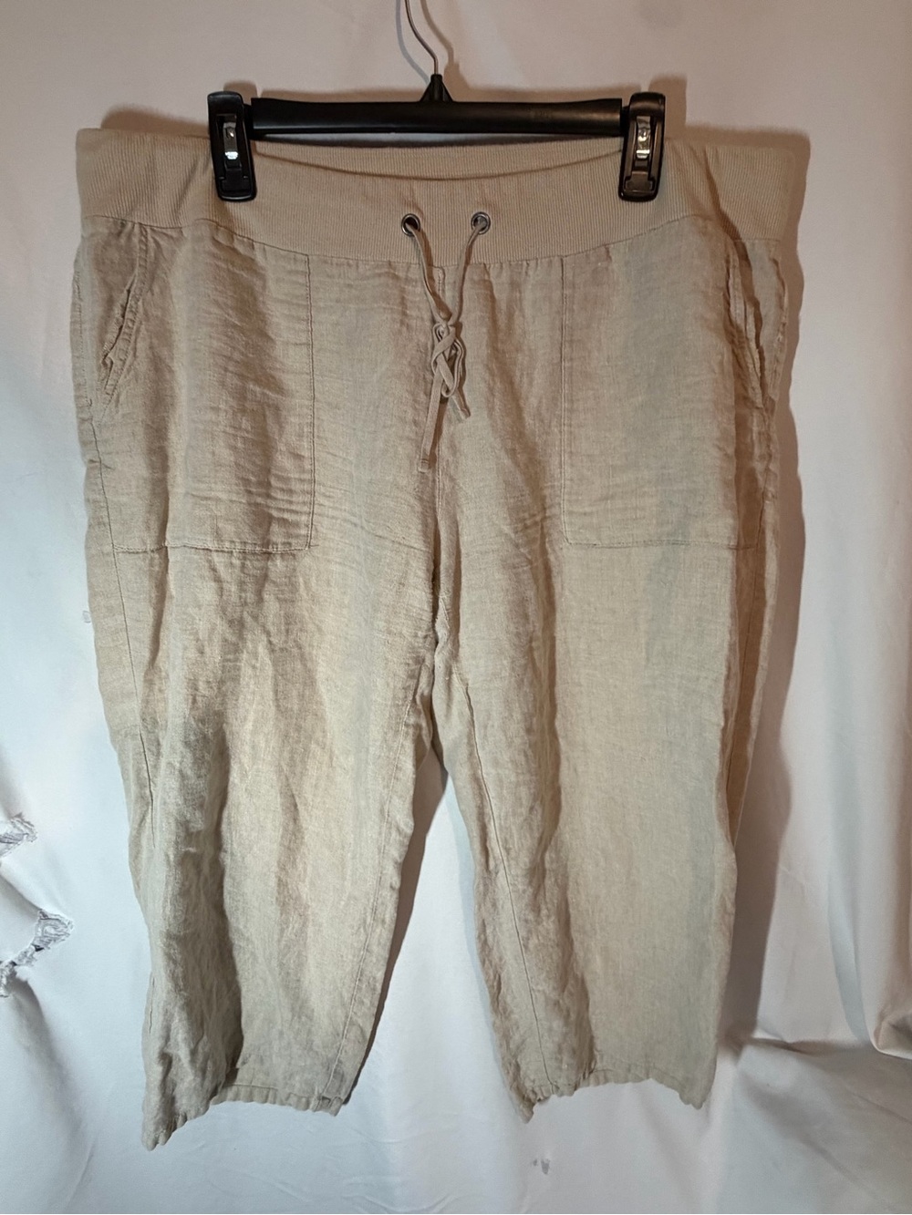 Eileen Fisher Organic Linen Cropped Pants Beige Drawstring Elastic Waist XL